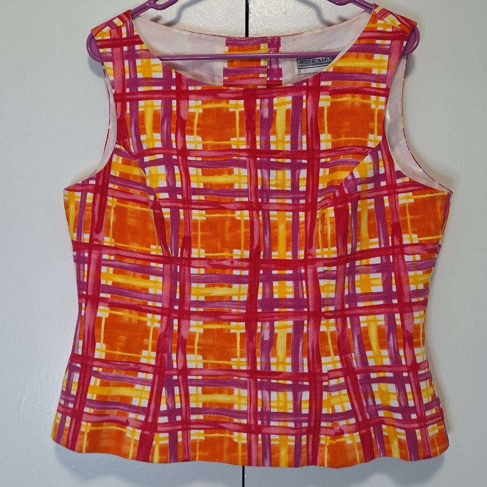 Jessica Howard Vintage Plaid Top With Button Detail Sz 14